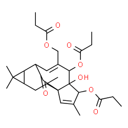 ChemSpider 2D Image | 5-Hydroxy-3,11,11,14-tetramethyl-15-oxo-7-[(propionyloxy)methyl]tetracyclo[7.5.1.0~1,5~.0~10,12~]pentadeca-2,7-diene-4,6-diyl dipropanoate | C29H40O8