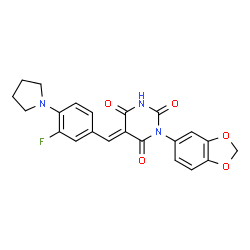 ChemSpider 2D Image | (5E)-1-(1,3-Benzodioxol-5-yl)-5-[3-fluoro-4-(1-pyrrolidinyl)benzylidene]-2,4,6(1H,3H,5H)-pyrimidinetrione | C22H18FN3O5