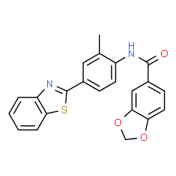 ChemSpider 2D Image | N-[4-(1,3-Benzothiazol-2-yl)-2-methylphenyl]-1,3-benzodioxole-5-carboxamide | C22H16N2O3S