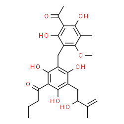 ChemSpider 2D Image | 1-[3-(3-Acetyl-2,4-dihydroxy-6-methoxy-5-methylbenzyl)-2,4,6-trihydroxy-5-(2-hydroxy-3-methyl-3-buten-1-yl)phenyl]-1-butanone | C26H32O9