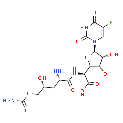 ChemSpider 2D Image | (2S)-{[(2S,4R)-2-Amino-5-(carbamoyloxy)-4-hydroxypentanoyl]amino}[(3S,4R,5R)-5-(5-fluoro-2,4-dioxo-3,4-dihydro-1(2H)-pyrimidinyl)-3,4-dihydroxytetrahydro-2-furanyl]acetic acid | C16H22FN5O11
