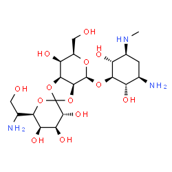 ChemSpider 2D Image | (3'R,3aS,4S,4'S,5'R,6R,6'R,7S,7aS)-4-{[(1R,2S,3R,5S,6R)-3-Amino-2,6-dihydroxy-5-(methylamino)cyclohexyl]oxy}-6'-[(1R)-1-amino-2-hydroxyethyl]-6-(hydroxymethyl)octahydro-4H-spiro[1,3-dioxolo[4,5-c]pyran-2,2'-pyran]-3',4',5',7-tetrol | C20H37N3O13