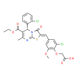 ChemSpider 2D Image | (2-Chloro-4-{(Z)-[(5R)-5-(2-chlorophenyl)-6-(ethoxycarbonyl)-7-methyl-3-oxo-5H-[1,3]thiazolo[3,2-a]pyrimidin-2(3H)-ylidene]methyl}-6-methoxyphenoxy)acetic acid | C26H22Cl2N2O7S