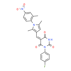 ChemSpider 2D Image | (5E)-5-{[2,5-Dimethyl-1-(2-methyl-4-nitrophenyl)-1H-pyrrol-3-yl]methylene}-1-(4-fluorophenyl)-2,4,6(1H,3H,5H)-pyrimidinetrione | C24H19FN4O5