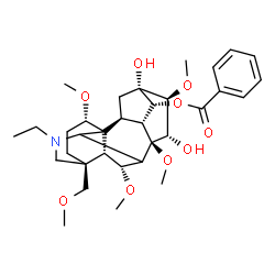 ChemSpider 2D Image | (1alpha,6alpha,10alpha,13alpha,14alpha,15alpha,16beta,17xi)-20-Ethyl-13,15-dihydroxy-1,6,8,16-tetramethoxy-4-(methoxymethyl)aconitan-14-yl benzoate | C33H47NO9