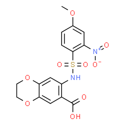 ChemSpider 2D Image | 7-{[(4-Methoxy-2-nitrophenyl)sulfonyl]amino}-2,3-dihydro-1,4-benzodioxine-6-carboxylic acid | C16H14N2O9S