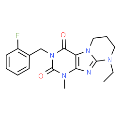 ChemSpider 2D Image | 9-Ethyl-3-(2-fluorobenzyl)-1-methyl-6,7,8,9-tetrahydropyrimido[2,1-f]purine-2,4(1H,3H)-dione | C18H20FN5O2