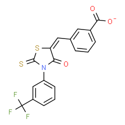 ChemSpider 2D Image | 3-[(E)-{4-Oxo-2-thioxo-3-[3-(trifluoromethyl)phenyl]-1,3-thiazolidin-5-ylidene}methyl]benzoate | C18H9F3NO3S2