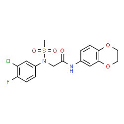 ChemSpider 2D Image | N~2~-(3-Chloro-4-fluorophenyl)-N-(2,3-dihydro-1,4-benzodioxin-6-yl)-N~2~-(methylsulfonyl)glycinamide | C17H16ClFN2O5S