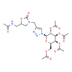 ChemSpider 2D Image | 4-{[5-(Acetamidomethyl)-2-oxo-1,3-oxazolidin-3-yl]methyl}-1-(2,3,4,6-tetra-O-acetyl-beta-D-galactopyranosyl)-1H-1,2,3-triazole | C23H31N5O12