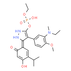 ChemSpider 2D Image | Ethyl (5Z)-4-{3-[ethyl(methyl)amino]-4-methoxyphenyl}-5-(4-hydroxy-3-isopropyl-6-oxo-2,4-cyclohexadien-1-ylidene)-2,5-dihydro-1H-pyrazol-3-yl hydrogen phosphate | C24H32N3O7P