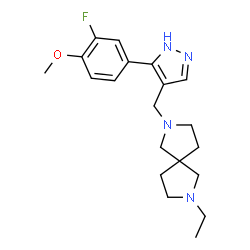 ChemSpider 2D Image | 2-Ethyl-7-{[5-(3-fluoro-4-methoxyphenyl)-1H-pyrazol-4-yl]methyl}-2,7-diazaspiro[4.4]nonane | C20H27FN4O