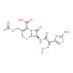 ChemSpider 2D Image | (7R)-3-(Acetoxymethyl)-7-{[(2Z)-2-(2-amino-1,3-thiazol-4-yl)-2-(methoxyimino)acetyl]amino}-8-oxo-5-thia-1-azabicyclo[4.2.0]oct-2-ene-2-carboxylic acid | C16H17N5O7S2