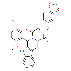 ChemSpider 2D Image | (12aS)-2-(1,3-Benzodioxol-5-ylmethyl)-6-(2,5-dimethoxyphenyl)-2,3,6,7,12,12a-hexahydropyrazino[1',2':1,6]pyrido[3,4-b]indole-1,4-dione | C30H27N3O6