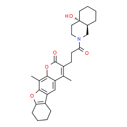 ChemSpider 2D Image | 3-{3-[(4aS,8aS)-4a-Hydroxyoctahydro-2(1H)-isoquinolinyl]-3-oxopropyl}-4,11-dimethyl-6,7,8,9-tetrahydro-2H-[1]benzofuro[3,2-g]chromen-2-one | C29H35NO5