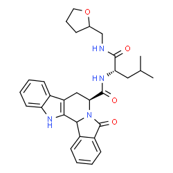 ChemSpider 2D Image | (7S)-N-{(2S)-4-Methyl-1-oxo-1-[(tetrahydro-2-furanylmethyl)amino]-2-pentanyl}-5-oxo-7,8,13,13b-tetrahydro-5H-benzo[1,2]indolizino[8,7-b]indole-7-carboxamide | C30H34N4O4