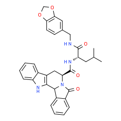 ChemSpider 2D Image | (7S)-N-{(2S)-1-[(1,3-Benzodioxol-5-ylmethyl)amino]-4-methyl-1-oxo-2-pentanyl}-5-oxo-7,8,13,13b-tetrahydro-5H-benzo[1,2]indolizino[8,7-b]indole-7-carboxamide | C33H32N4O5