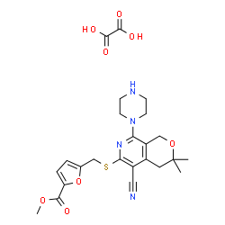 ChemSpider 2D Image | Methyl 5-({[5-cyano-3,3-dimethyl-8-(1-piperazinyl)-3,4-dihydro-1H-pyrano[3,4-c]pyridin-6-yl]sulfanyl}methyl)-2-furoate ethanedioate (1:1) | C24H28N4O8S