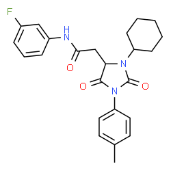 ChemSpider 2D Image | 2-[3-Cyclohexyl-1-(4-methylphenyl)-2,5-dioxo-4-imidazolidinyl]-N-(3-fluorophenyl)acetamide | C24H26FN3O3