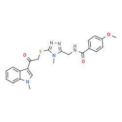 ChemSpider 2D Image | 4-Methoxy-N-[(4-methyl-5-{[2-(1-methyl-1H-indol-3-yl)-2-oxoethyl]sulfanyl}-4H-1,2,4-triazol-3-yl)methyl]benzamide | C23H23N5O3S