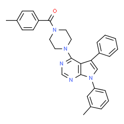 ChemSpider 2D Image | (4-Methylphenyl){4-[7-(3-methylphenyl)-5-phenyl-7H-pyrrolo[2,3-d]pyrimidin-4-yl]-1-piperazinyl}methanone | C31H29N5O
