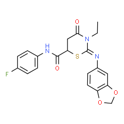 ChemSpider 2D Image | (2Z)-2-(1,3-Benzodioxol-5-ylimino)-3-ethyl-N-(4-fluorophenyl)-4-oxo-1,3-thiazinane-6-carboxamide | C20H18FN3O4S