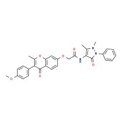 ChemSpider 2D Image | N-(1,5-Dimethyl-3-oxo-2-phenyl-2,3-dihydro-1H-pyrazol-4-yl)-2-{[3-(4-methoxyphenyl)-2-methyl-4-oxo-4H-chromen-7-yl]oxy}acetamide | C30H27N3O6