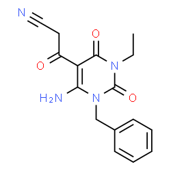 ChemSpider 2D Image | 3-(6-Amino-1-benzyl-3-ethyl-2,4-dioxo-1,2,3,4-tetrahydro-5-pyrimidinyl)-3-oxopropanenitrile | C16H16N4O3