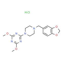 ChemSpider 2D Image | 2-[4-(1,3-Benzodioxol-5-ylmethyl)-1-piperazinyl]-4,6-dimethoxy-1,3,5-triazine hydrochloride (1:1) | C17H22ClN5O4
