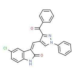 ChemSpider 2D Image | (3Z)-3-[(3-Benzoyl-1-phenyl-1H-pyrazol-4-yl)methylene]-5-chloro-1,3-dihydro-2H-indol-2-one | C25H16ClN3O2