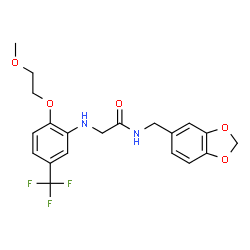 ChemSpider 2D Image | N-(1,3-Benzodioxol-5-ylmethyl)-N~2~-[2-(2-methoxyethoxy)-5-(trifluoromethyl)phenyl]glycinamide | C20H21F3N2O5