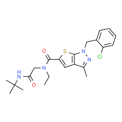 ChemSpider 2D Image | 1-(2-Chlorobenzyl)-N-ethyl-3-methyl-N-{2-[(2-methyl-2-propanyl)amino]-2-oxoethyl}-1H-thieno[2,3-c]pyrazole-5-carboxamide | C22H27ClN4O2S