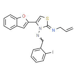 ChemSpider 2D Image | (2Z)-N-Allyl-4-(1-benzofuran-2-yl)-3-[(2-iodobenzylidene)amino]-1,3-thiazol-2(3H)-imine | C21H16IN3OS
