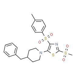ChemSpider 2D Image | 4-Benzyl-1-{4-[(4-methylphenyl)sulfonyl]-2-(methylsulfonyl)-1,3-thiazol-5-yl}piperidine | C23H26N2O4S3