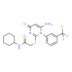 ChemSpider 2D Image | 2-({6-Amino-4-oxo-1-[3-(trifluoromethyl)phenyl]-1,4-dihydro-2-pyrimidinyl}sulfanyl)-N-cyclohexylacetamide | C19H21F3N4O2S