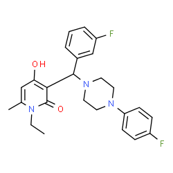 ChemSpider 2D Image | 1-Ethyl-3-{(3-fluorophenyl)[4-(4-fluorophenyl)-1-piperazinyl]methyl}-4-hydroxy-6-methyl-2(1H)-pyridinone | C25H27F2N3O2