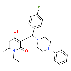 ChemSpider 2D Image | 1-Ethyl-3-{(4-fluorophenyl)[4-(2-fluorophenyl)-1-piperazinyl]methyl}-4-hydroxy-6-methyl-2(1H)-pyridinone | C25H27F2N3O2