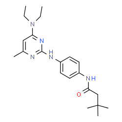 ChemSpider 2D Image | N-(4-{[4-(Diethylamino)-6-methyl-2-pyrimidinyl]amino}phenyl)-3,3-dimethylbutanamide | C21H31N5O