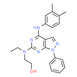 ChemSpider 2D Image | 2-[{4-[(3,4-Dimethylphenyl)amino]-1-phenyl-1H-pyrazolo[3,4-d]pyrimidin-6-yl}(ethyl)amino]ethanol | C23H26N6O