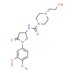 ChemSpider 2D Image | N-[1-(3,4-Dimethoxyphenyl)-5-oxo-3-pyrrolidinyl]-4-(2-hydroxyethyl)-1-piperazinecarboxamide | C19H28N4O5