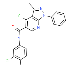 ChemSpider 2D Image | 4-Chloro-N-(3-chloro-4-fluorophenyl)-3-methyl-1-phenyl-1H-pyrazolo[3,4-b]pyridine-5-carboxamide | C20H13Cl2FN4O