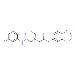 ChemSpider 2D Image | 2-{[2-(2,3-Dihydro-1,4-benzodioxin-6-ylamino)-2-oxoethyl](ethyl)amino}-N-(3-fluorophenyl)acetamide | C20H22FN3O4
