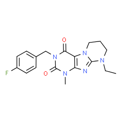 ChemSpider 2D Image | 9-Ethyl-3-(4-fluorobenzyl)-1-methyl-6,7,8,9-tetrahydropyrimido[2,1-f]purine-2,4(1H,3H)-dione | C18H20FN5O2