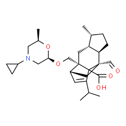 ChemSpider 2D Image | (2S,4R,5R,8R,9S,11R)-2-({[(2R,6R)-4-Cyclopropyl-6-methyl-2-morpholinyl]oxy}methyl)-9-formyl-13-isopropyl-5-methyltetracyclo[7.4.0.0~2,11~.0~4,8~]tridec-12-ene-1-carboxylic acid | C28H41NO5
