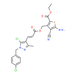 ChemSpider 2D Image | Ethyl 5-amino-3-[({(2E)-3-[5-chloro-1-(4-chlorobenzyl)-3-methyl-1H-pyrazol-4-yl]-2-propenoyl}oxy)methyl]-4-cyano-2-thiophenecarboxylate | C23H20Cl2N4O4S