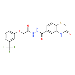 ChemSpider 2D Image | 3-Oxo-N'-{[3-(trifluoromethyl)phenoxy]acetyl}-3,4-dihydro-2H-1,4-benzothiazine-6-carbohydrazide | C18H14F3N3O4S