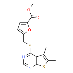ChemSpider 2D Image | Methyl 5-{[(5,6-dimethylthieno[2,3-d]pyrimidin-4-yl)sulfanyl]methyl}-2-furoate | C15H14N2O3S2