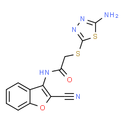 ChemSpider 2D Image | 2-[(5-Amino-1,3,4-thiadiazol-2-yl)sulfanyl]-N-(2-cyano-1-benzofuran-3-yl)acetamide | C13H9N5O2S2
