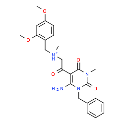 ChemSpider 2D Image | 2-(6-Amino-1-benzyl-3-methyl-2,4-dioxo-1,2,3,4-tetrahydro-5-pyrimidinyl)-N-(2,4-dimethoxybenzyl)-N-methyl-2-oxoethanaminium | C24H29N4O5