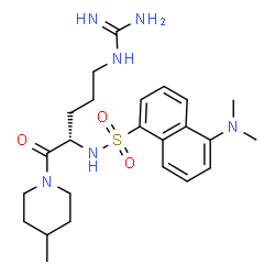 ChemSpider 2D Image | N-[(2S)-5-Carbamimidamido-1-(4-methyl-1-piperidinyl)-1-oxo-2-pentanyl]-5-(dimethylamino)-1-naphthalenesulfonamide | C24H36N6O3S